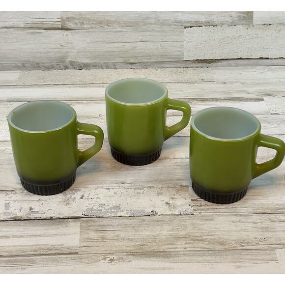 3 Vtg. Fire King Anchor Hocking Avocado Green Coffee Mug Vintage Stackable Cups - Picture 1 of 6